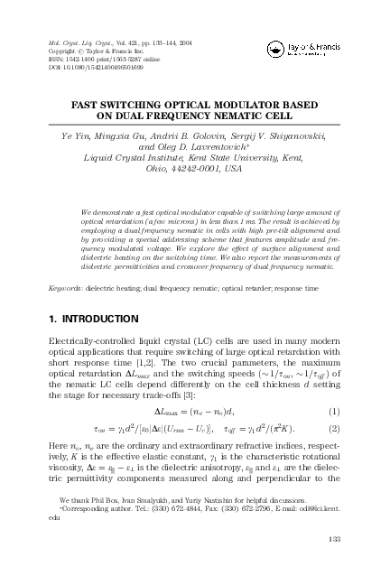 (PDF) Fast Switching Optical Modulator Based on Dual Frequency Nematic Cell