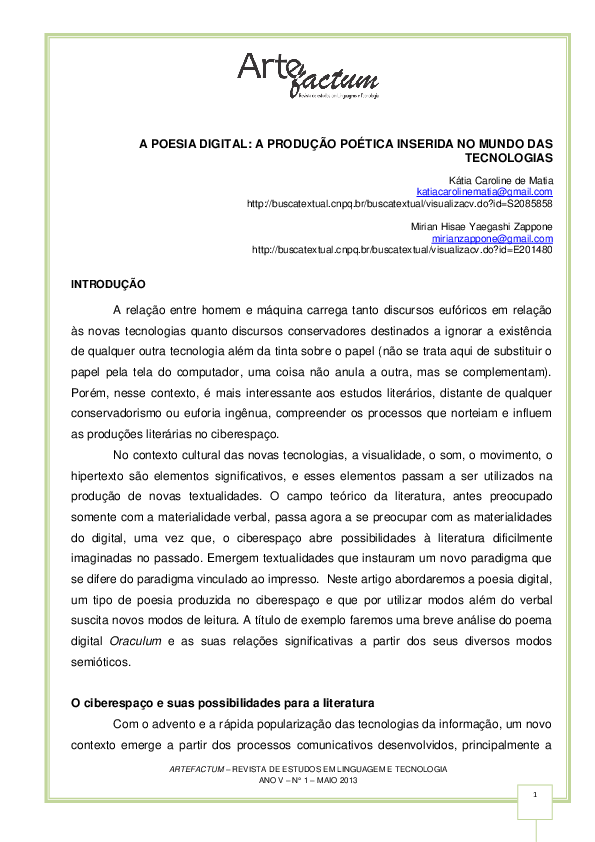 (PDF) A Poesia Digital: A Produção Poética Inserida No Mundo Das ...