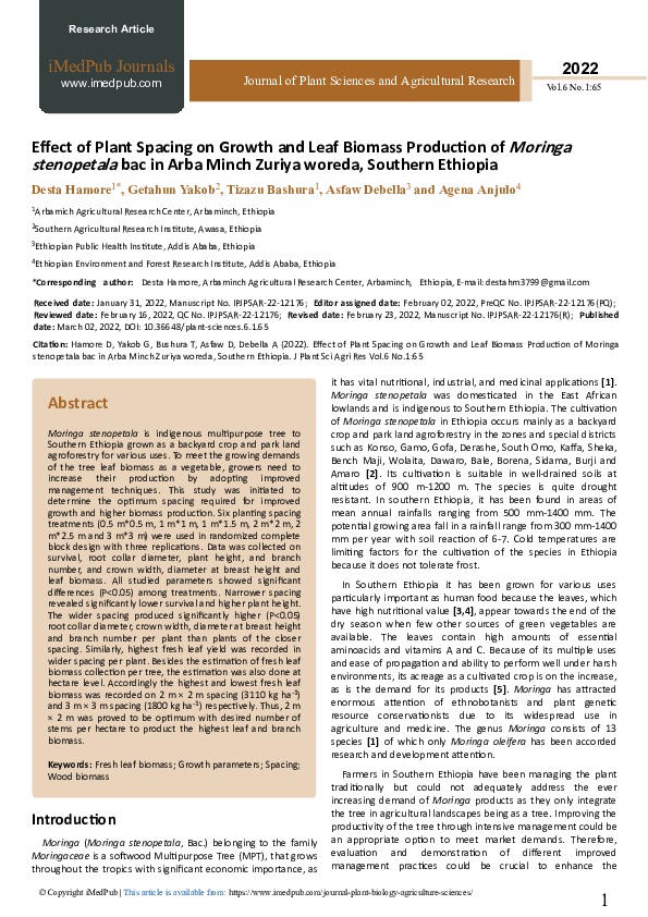 (PDF) Effect of Plant Spacing on Growth and Leaf Biomass Production of ...