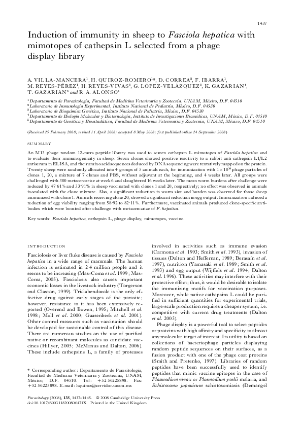 (PDF) Induction of immunity in sheep toFasciola hepaticawith mimotopes ...