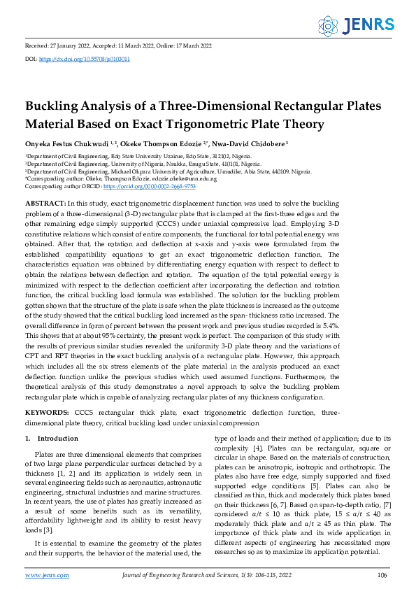 (PDF) Buckling Analysis of a Three-Dimensional Rectangular Plates ...