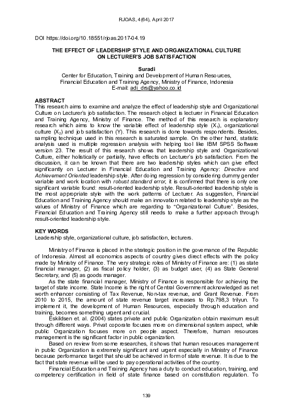 (PDF) The Effect of Leadership Style and Organizational Culture on ...