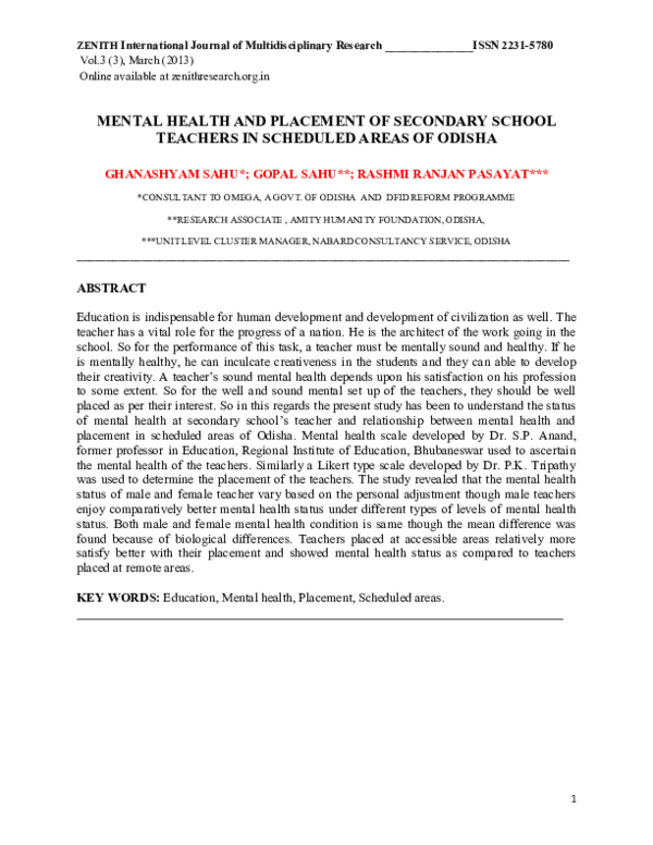(PDF) Mental health and placement of secondary school teachers in ...
