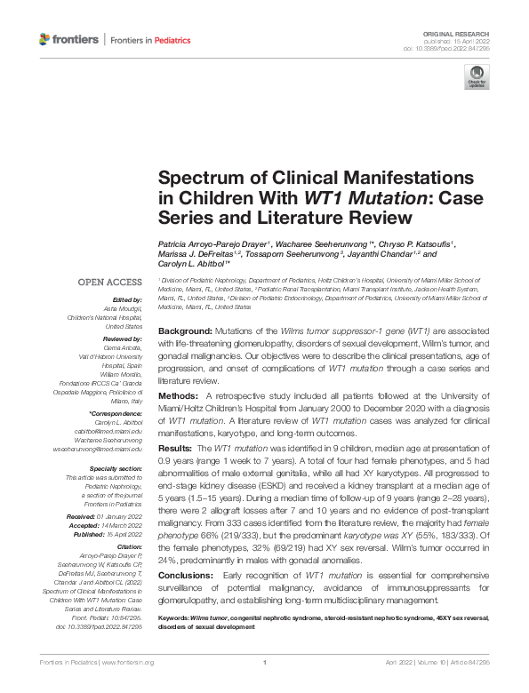 (PDF) Spectrum of Clinical Manifestations in Children With WT1 Mutation ...