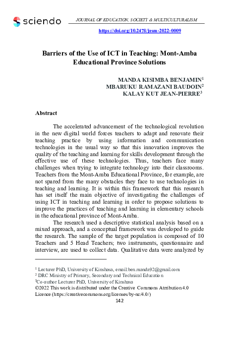 (PDF) Barriers of the Use of ICT in Teaching: Mont-Amba Educational ...
