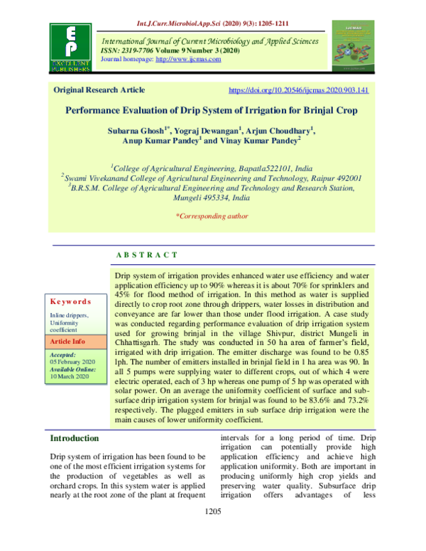 (PDF) Performance Evaluation of Drip System of Irrigation for Brinjal Crop