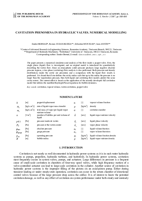 (PDF) Cavitation phenomena in hydraulic valves. Numerical modelling