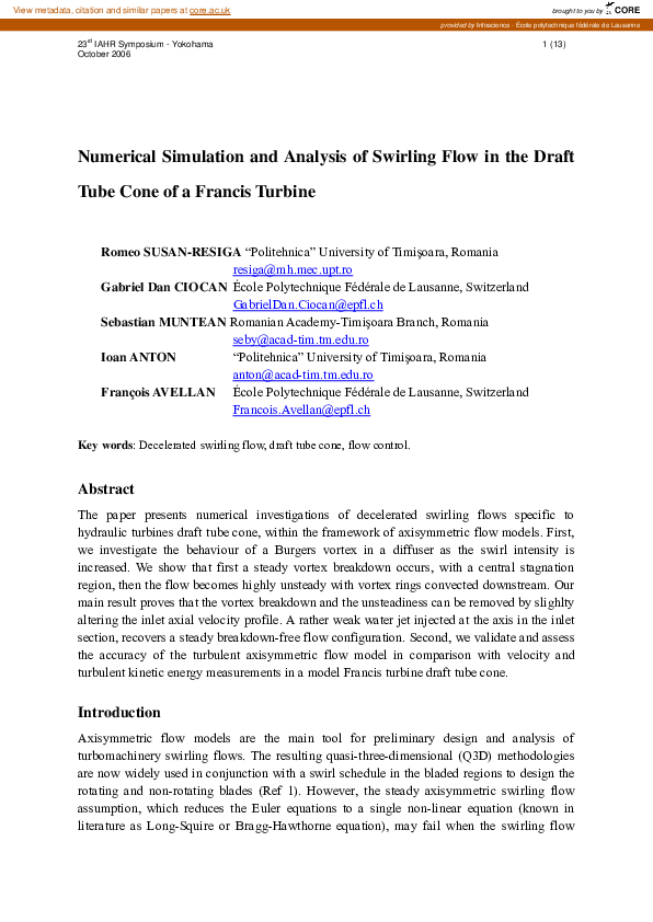 (PDF) Numerical simulation and analysis of swirling flow in the draft ...