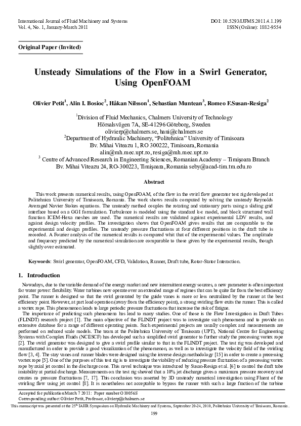 (PDF) Unsteady Simulations of the Flow in a Swirl Generator, Using OpenFOAM
