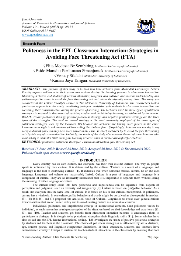 (PDF) Politeness in the EFL Classroom Interaction Strategies in