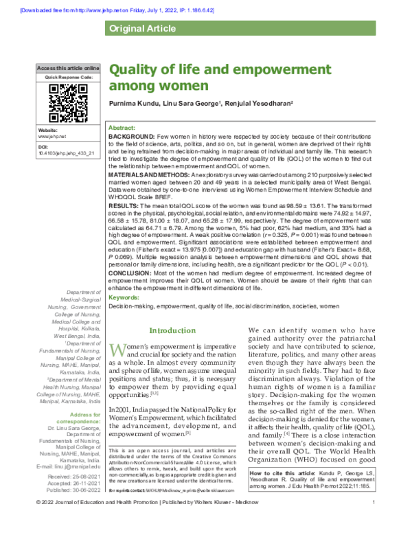 (PDF) Quality of life and empowerment among women