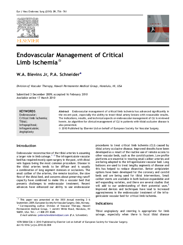 (PDF) Endovascular Management of Critical Limb Ischemia