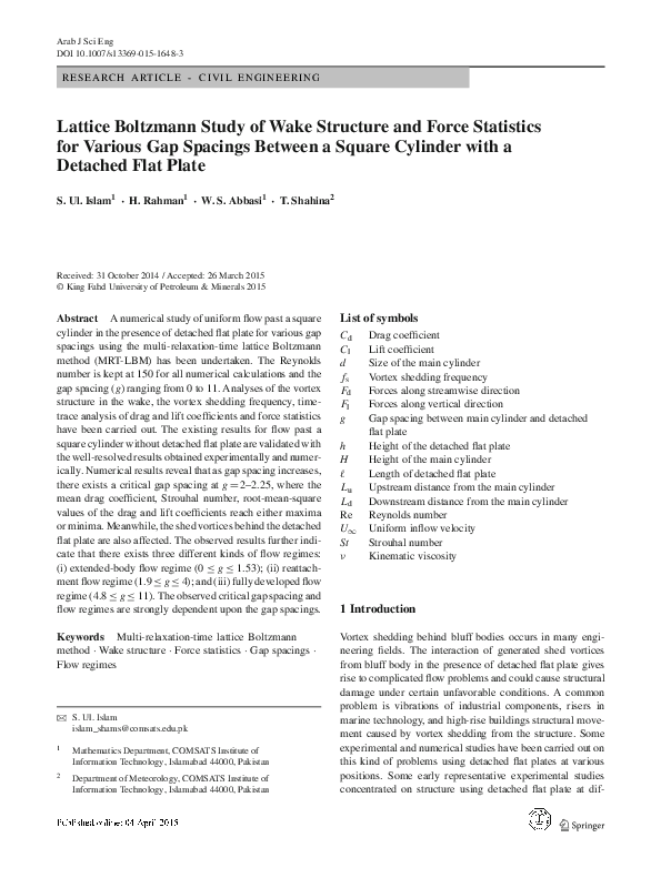 (PDF) Lattice Boltzmann Study of Wake Structure and Force Statistics ...