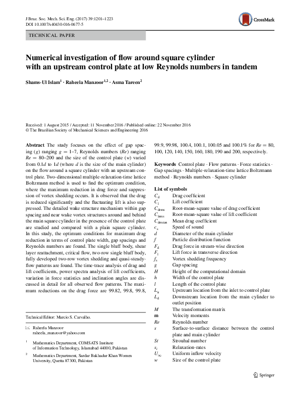 (PDF) Numerical investigation of flow around square cylinder with an ...