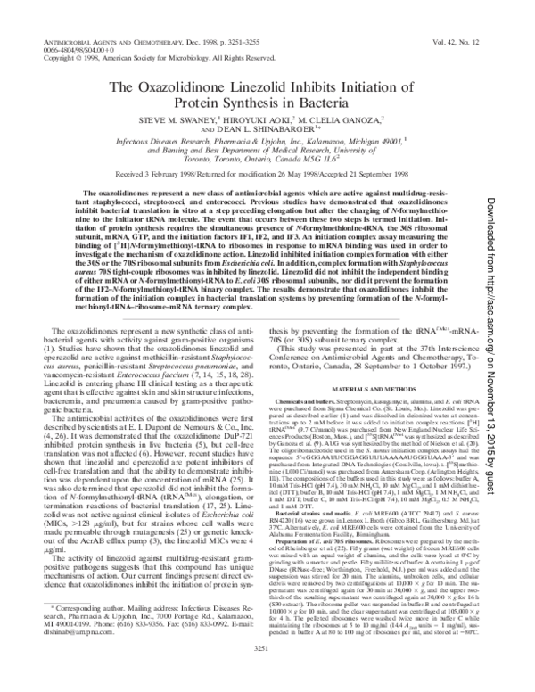 (PDF) The Oxazolidinone Linezolid Inhibits Initiation of Protein ...