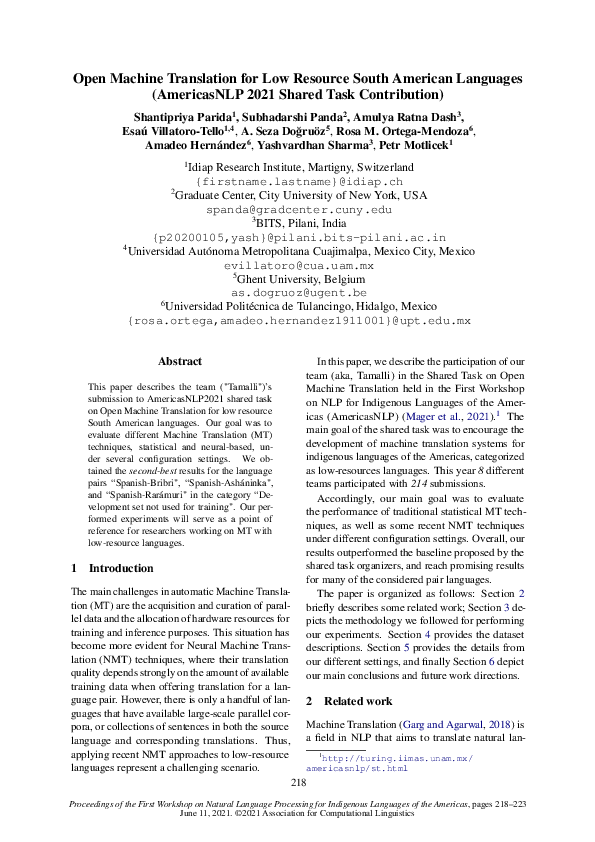 (PDF) Open Machine Translation for Low Resource South American ...