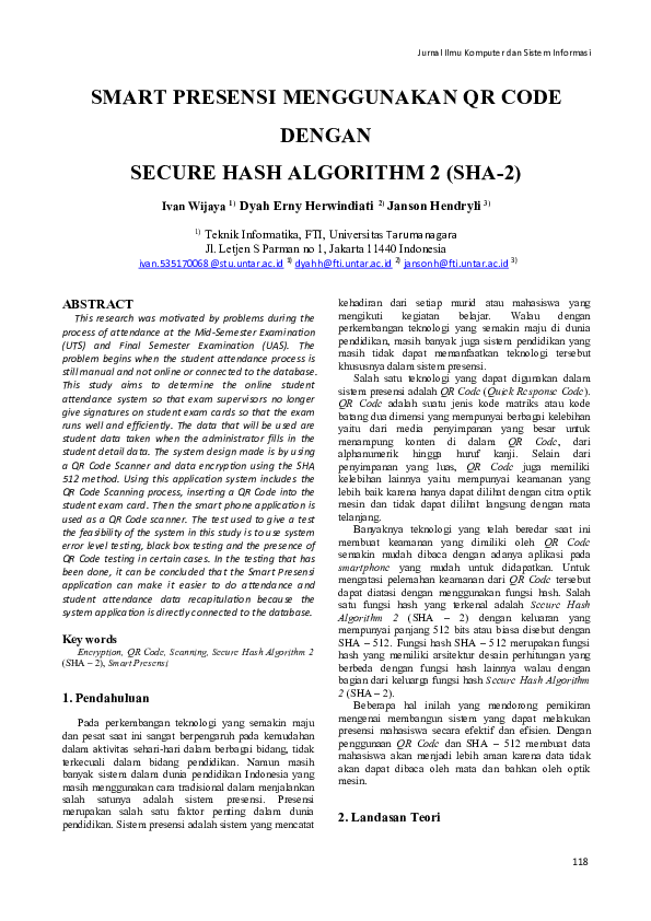 (PDF) Smart Presensi Menggunakan QR Code Dengan Secure Hash Algorithm 2 ...