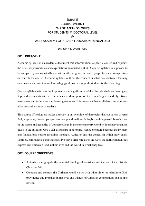 (PDF) DRAFT) COURSE WORK 1 CHRISTIAN THEOLOGIES FOR STUDENTS DOCTORAL
