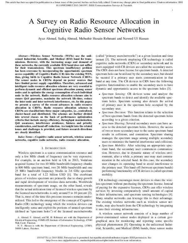 (PDF) A Survey on Radio Resource Allocation in Cognitive Radio Sensor ...