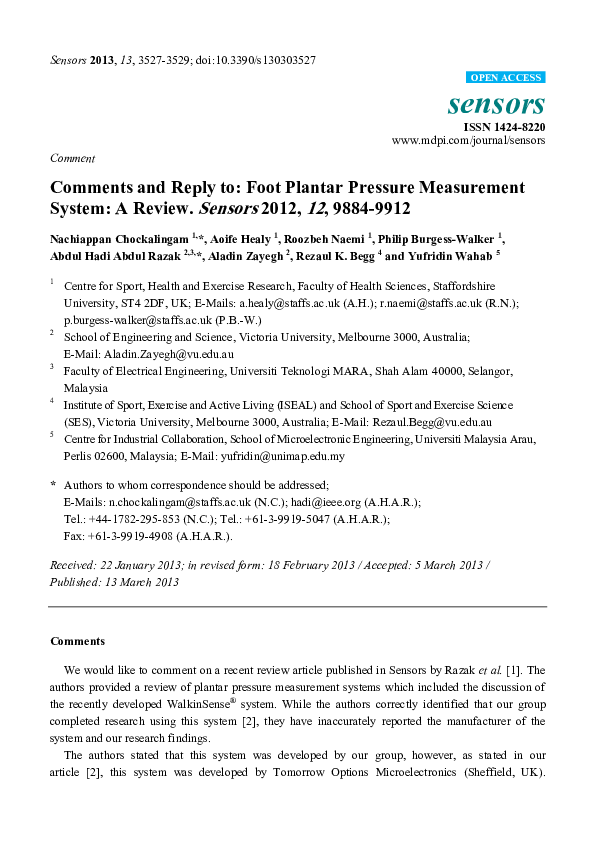 Comments and Reply to: Foot Plantar Pressure Measurement System: A Review. Sensors 2012, 12, 9884-9912