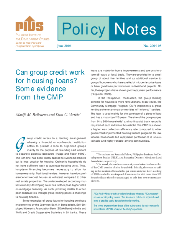 (PDF) Can Group Credit Work for Housing Loans? Some Evidence from the CMP