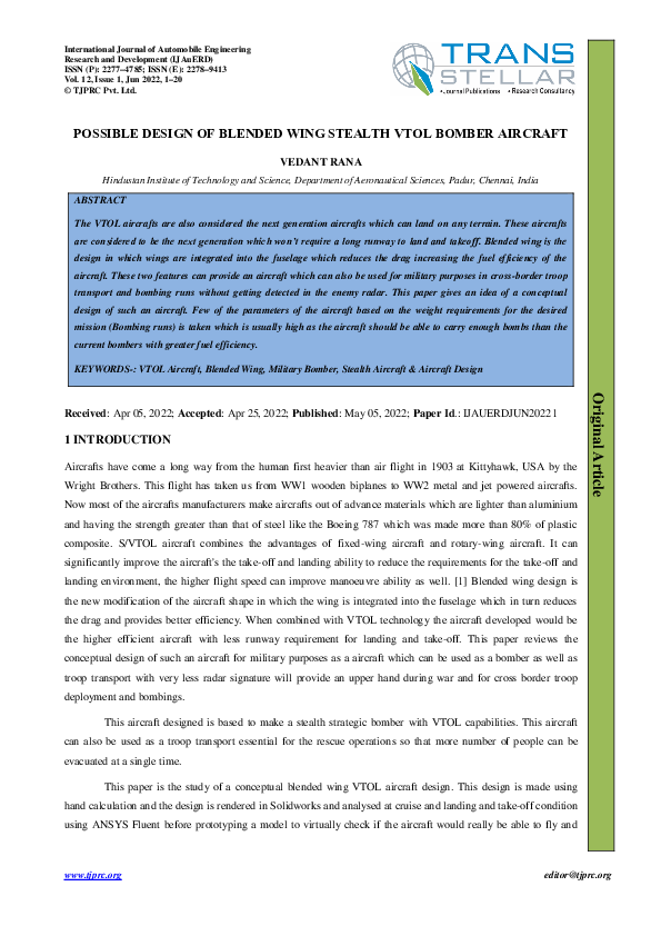 (PDF) POSSIBLE DESIGN OF BLENDED WING STEALTH VTOL BOMBER AIRCRAFT