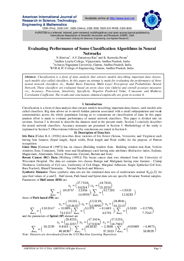 (PDF) Evaluating Performance of Some Classification Algorithms in ...