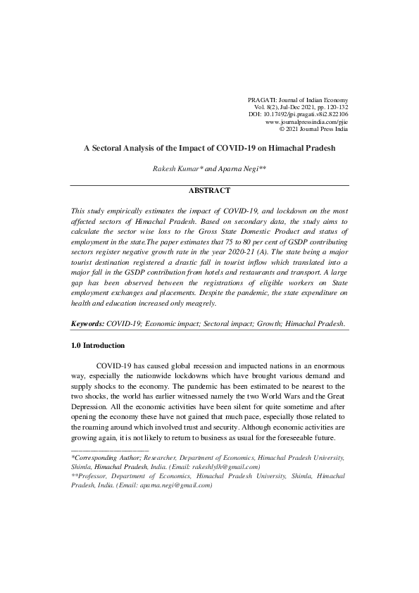 (PDF) A Sectoral Analysis of the Impact of COVID-19 on Himachal Pradesh