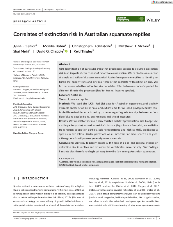 (PDF) Correlates of extinction risk in Australian squamate reptiles