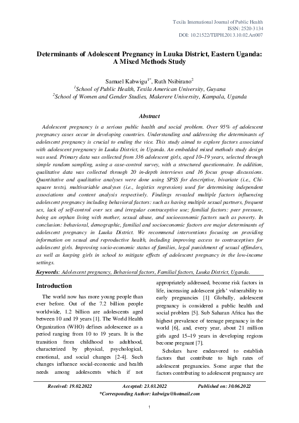 (PDF) Determinants of Adolescent Pregnancy in Luuka District, Eastern ...