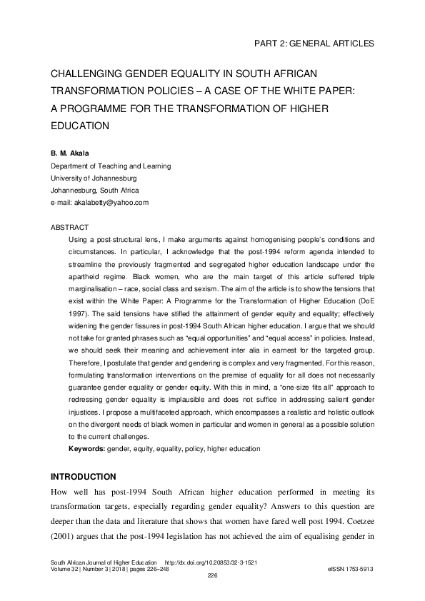 (PDF) Challenging gender equality in South African transformation ...