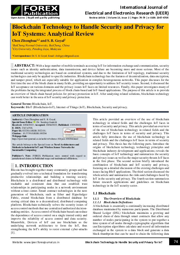 (PDF) Blockchain Technology to Handle Security and Privacy for IoT ...