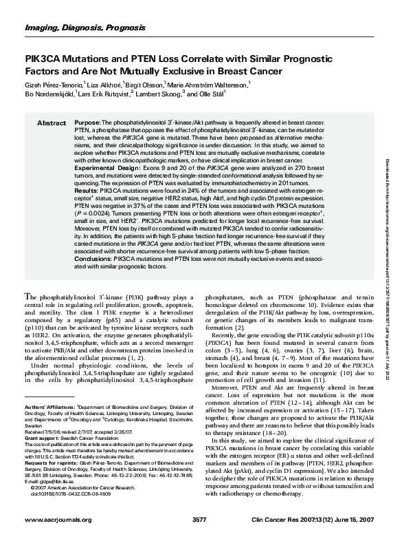 (PDF) PIK3CA Mutations and PTEN Loss Correlate with Similar Prognostic ...