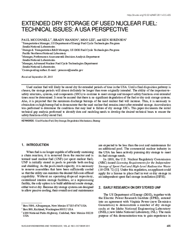 (PDF) Extended Dry Storage of Used Nuclear Fuel: Technical Issues: A ...
