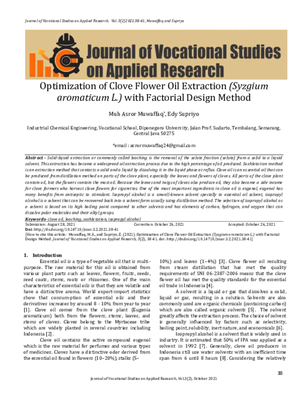 (PDF) Optimization of clove flower oil extraction (Syzgium aromaticum L
