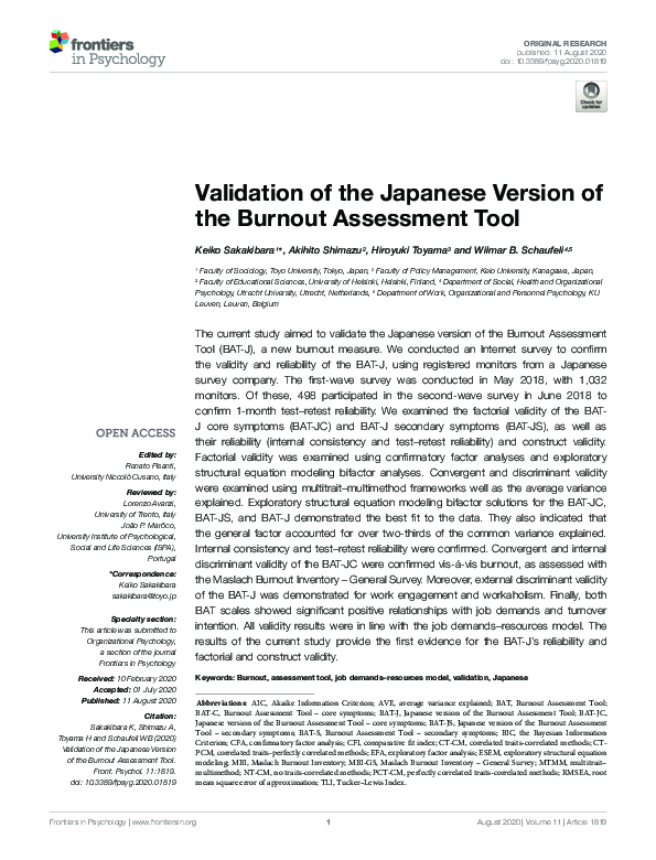 (PDF) Validation of the Japanese Version of the Burnout Assessment Tool