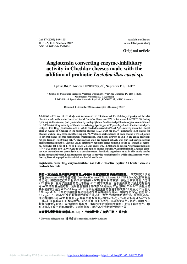 (PDF) Angiotensin converting enzymeinhibitory activity in Cheddar