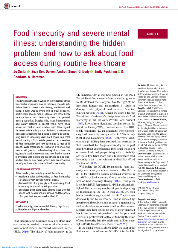 (PDF) Food insecurity and severe mental illness: understanding the ...
