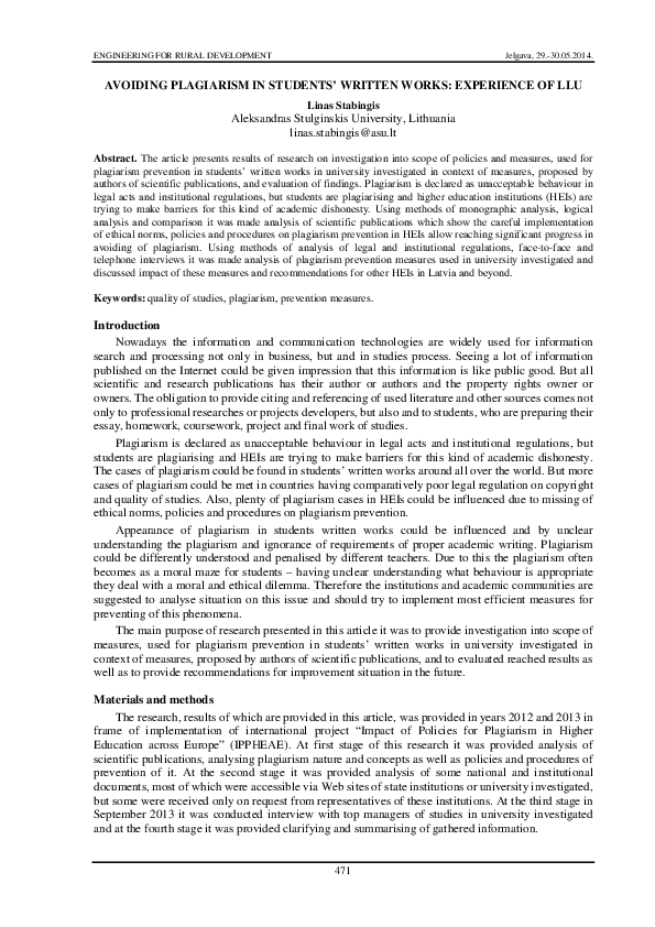 (PDF) Avoiding Plagiarism in Students' Written Works: Experience of Llu