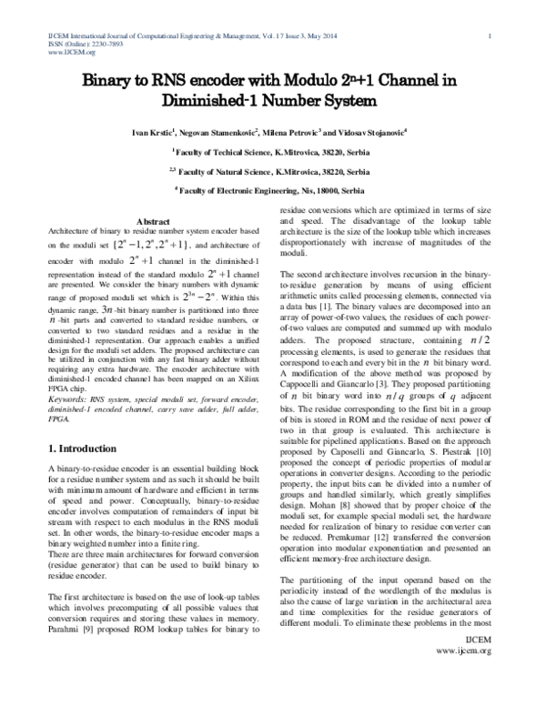 (PDF) Binary to RNS encoder with Modulo 2n+ 1 Channel in Diminished-1 ...