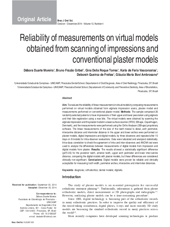 (PDF) Reliability of measurements on virtual models obtained from ...