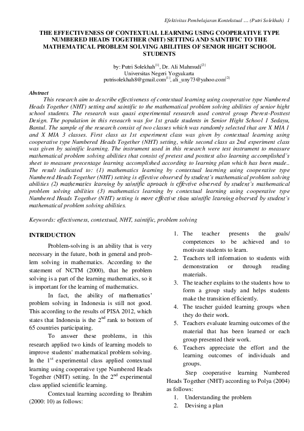 (PDF) The Effectiveness of Contextual Learning Using Cooperative Type ...