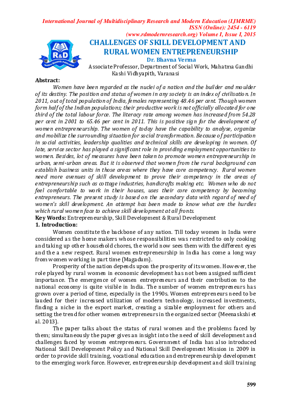(PDF) Challenges of Skill Development and Rural Women Entrepreneurship