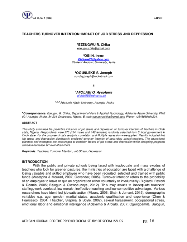 (PDF) Teachers Turnover Intention: Impact of Job Stress and Depression