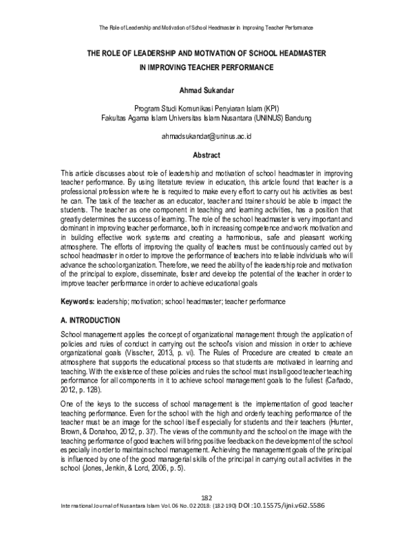(PDF) The Role of Leadership and Motivation of School Headmaster in ...