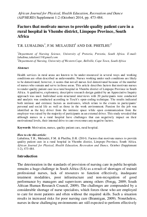 (PDF) Factors that motivate nurses to provide quality patient care in a ...