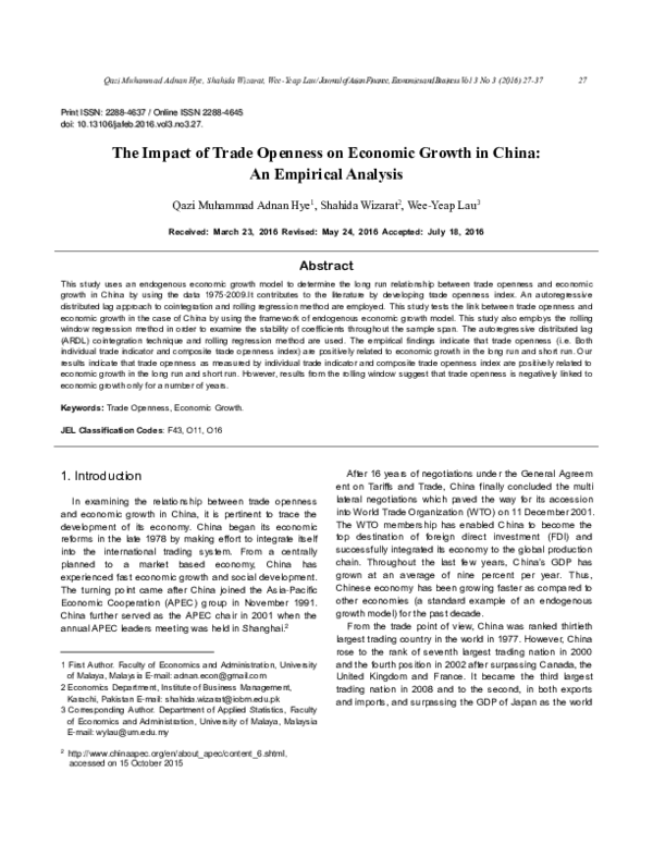 (PDF) The Impact of Trade Openness on Economic Growth in China: An ...