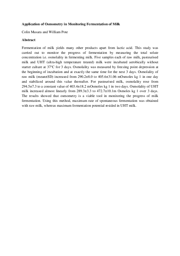(PDF) Application of osmometry in monitoring fermentation of milk