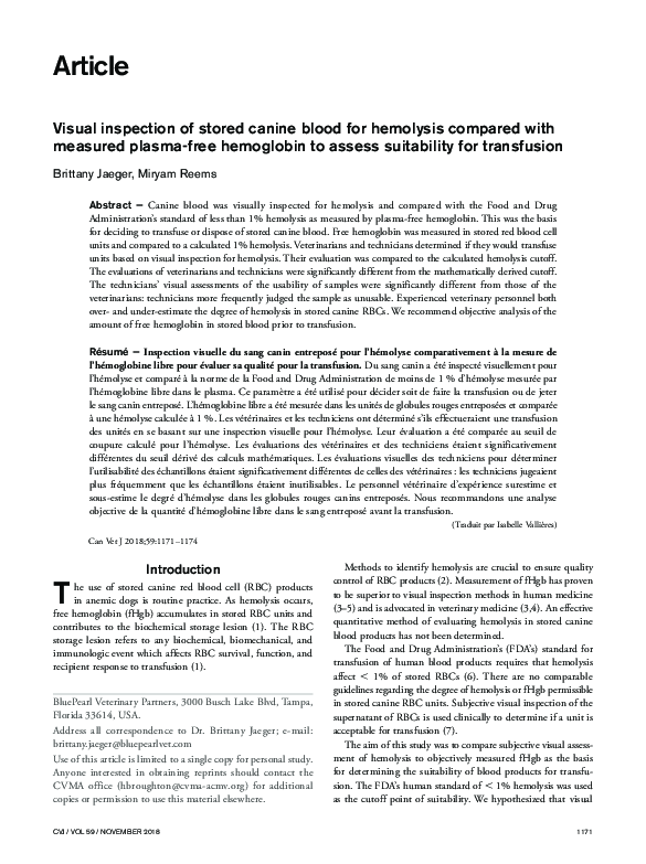 (PDF) Visual inspection of stored canine blood for hemolysis compared ...