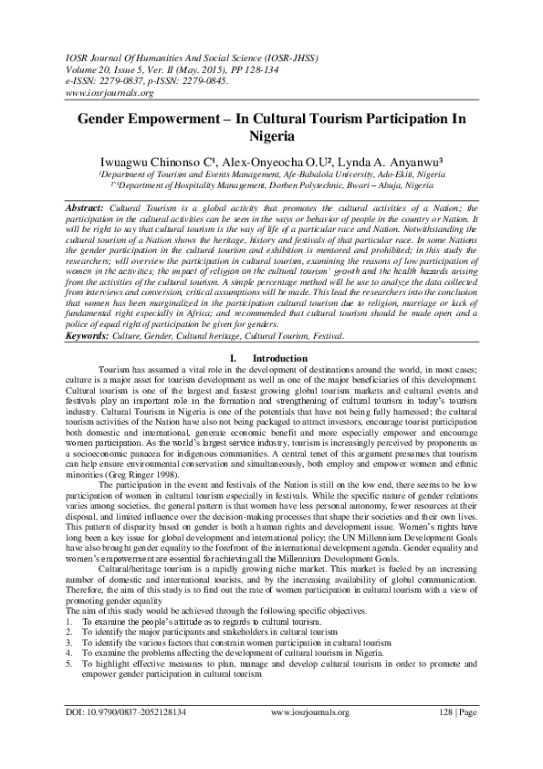 (PDF) Gender Empowerment In Cultural Tourism Participation In Nigeria